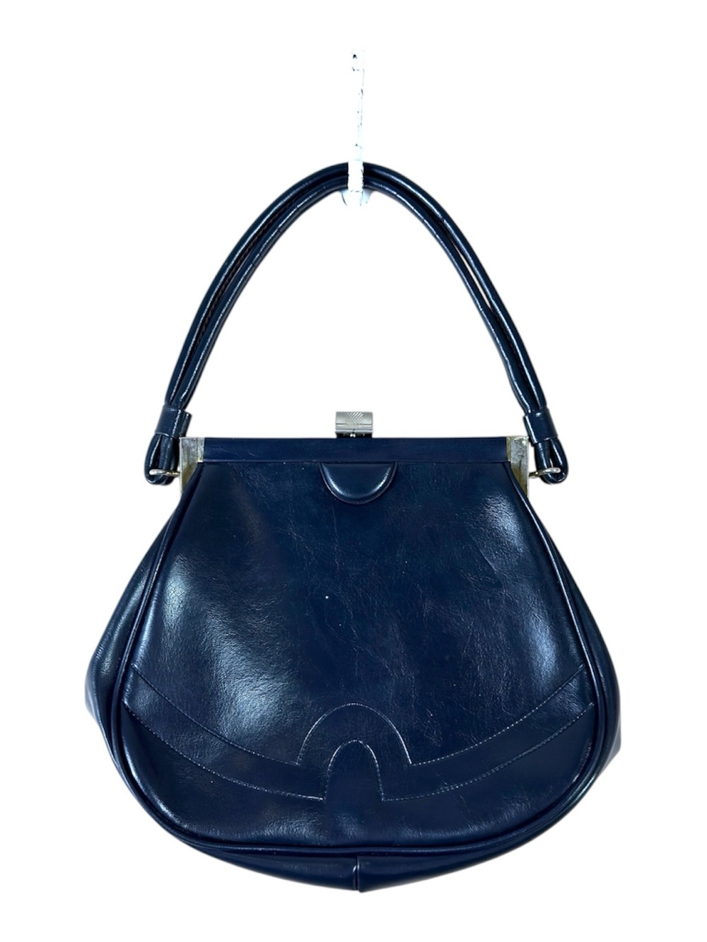 Vintage 60s Old Hollywood clasp top structured navy blue faux leather handbag